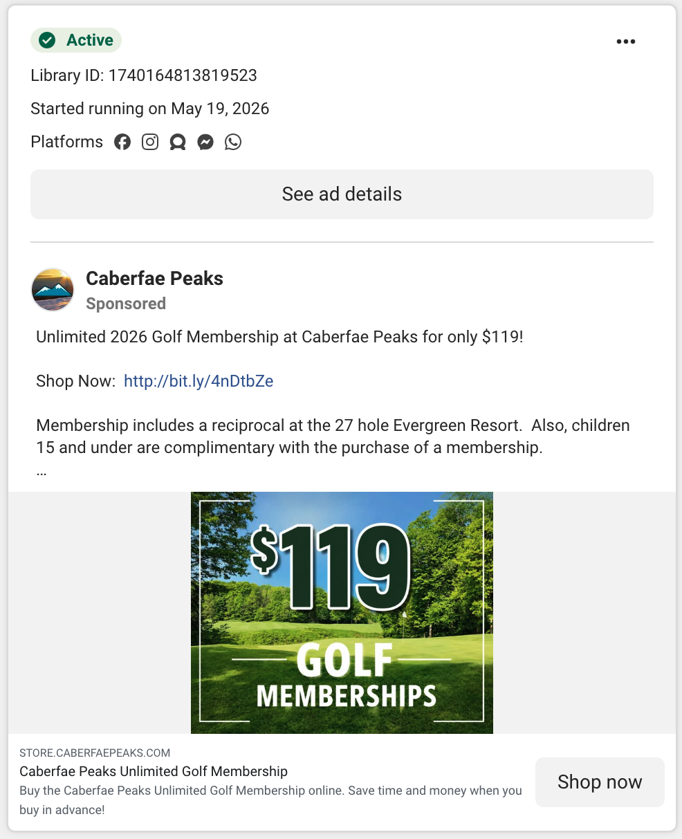 Caberfae Peaks $119 golf membership ad